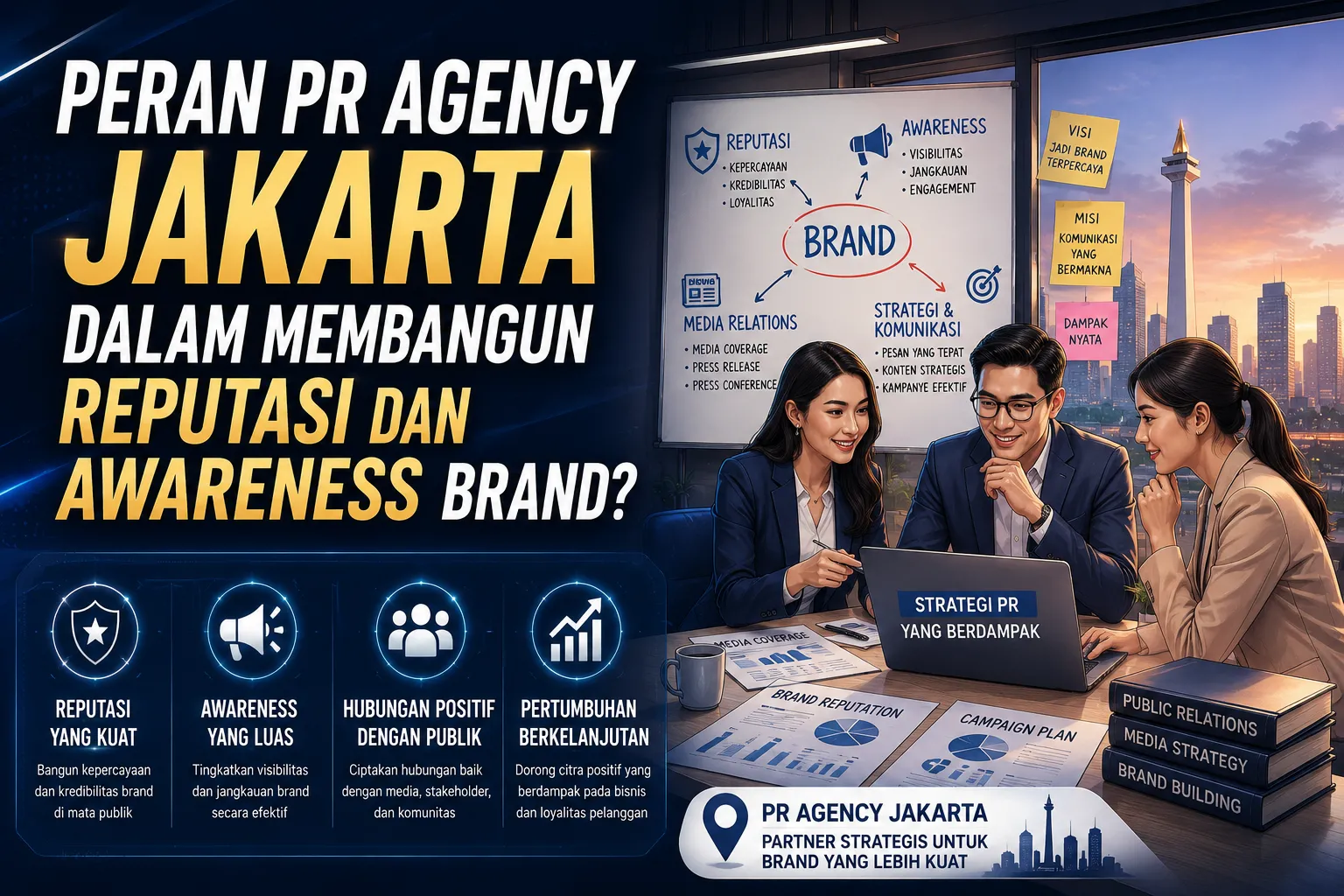 Ilustrasi thumbnail artikel tentang peran PR Agency Jakarta dalam membangun reputasi dan meningkatkan brand awareness melalui strategi komunikasi, media relations, dan publikasi.
