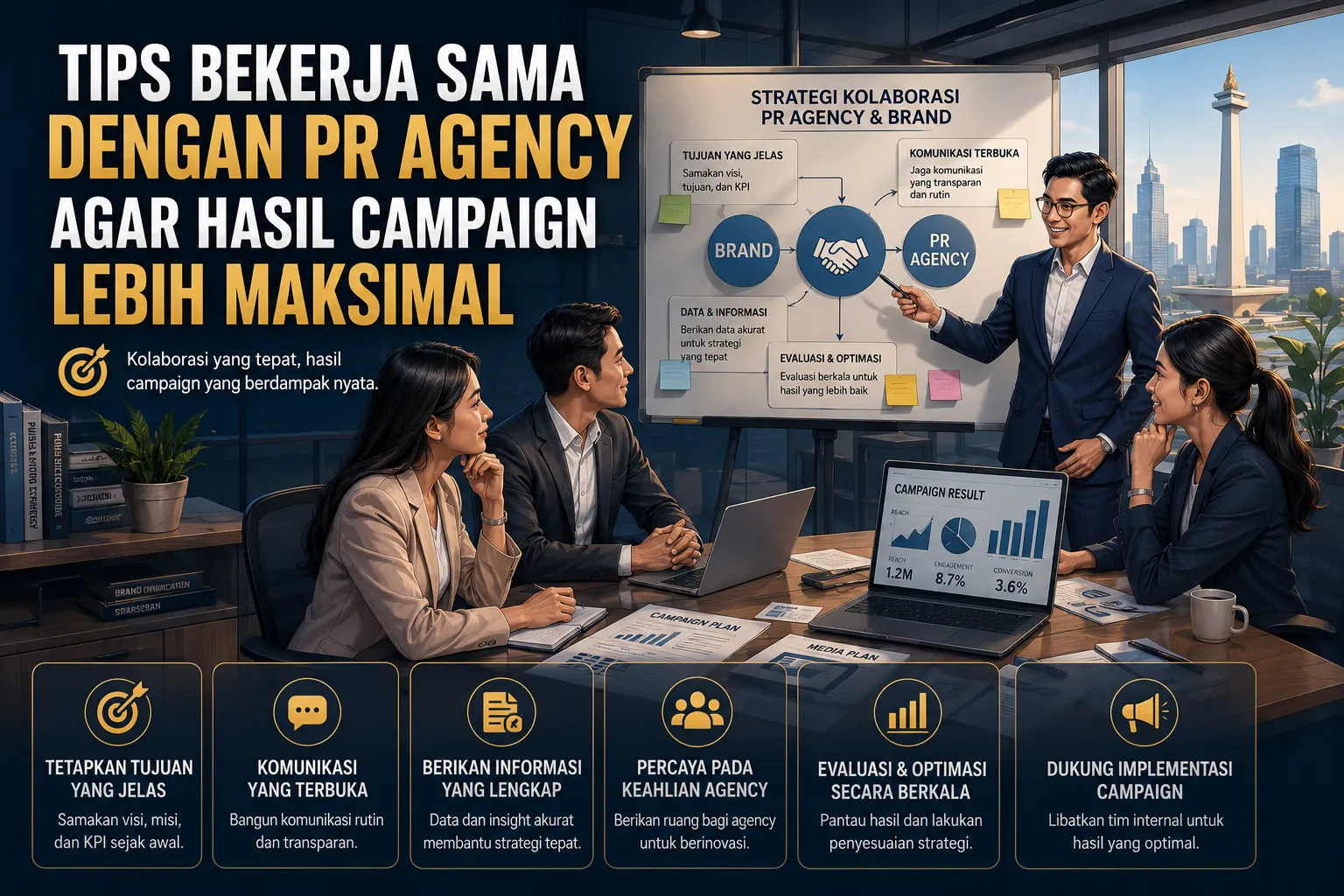 Ilustrasi thumbnail artikel tentang tips bekerja sama dengan PR Agency agar hasil campaign lebih maksimal melalui komunikasi yang efektif, strategi kolaborasi, dan evaluasi campaign secara berkala.
